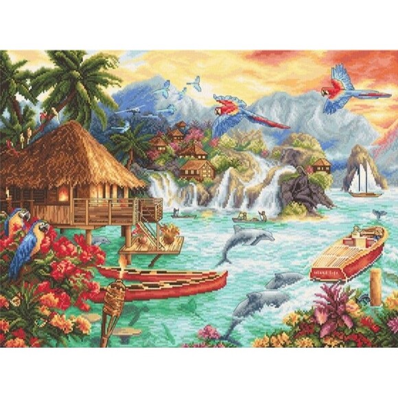 LetiStitch Island Life Counted Cross Stitch Kit Leti925 Dolphin Parrots Tropical - Picture 1 of 9